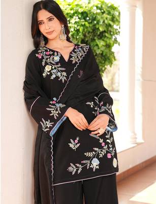 Black embroidered art silk stitched straight cut kurta culottes dupatta readymade suits 5