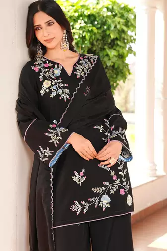 Black embroidered art silk stitched straight cut kurta culottes dupatta readymade suits