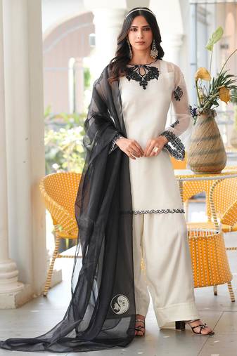 Cream embroidered organza stitched straight cut kurta farshi salwar dupatta readymade suits