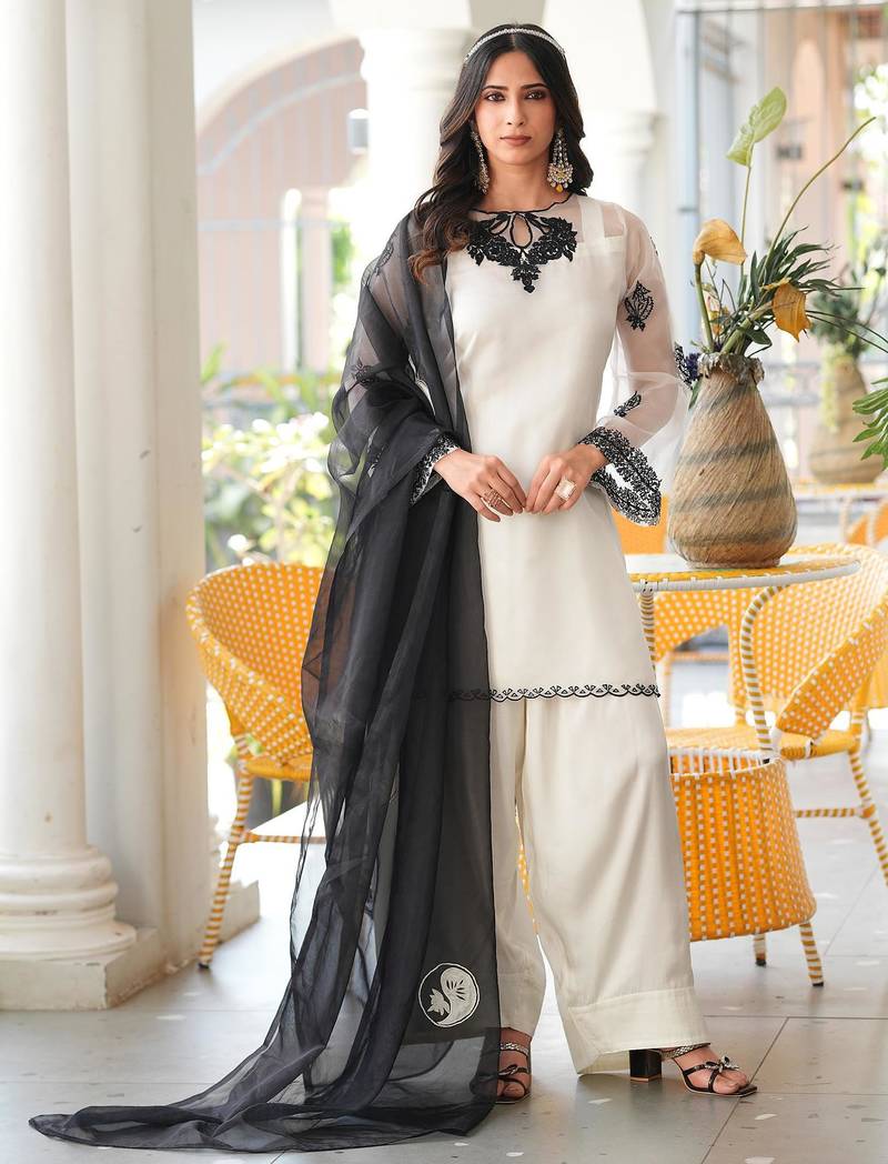 Cream embroidered organza stitched straight cut kurta farshi salwar dupatta readymade suits