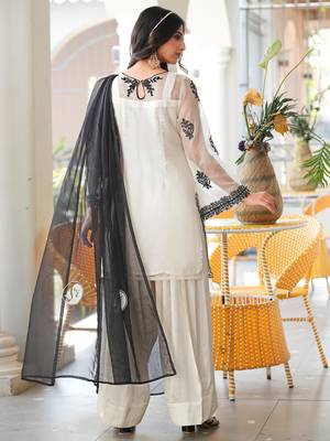 Cream embroidered organza stitched straight cut kurta farshi salwar dupatta readymade suits 4