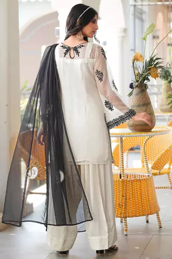 Cream embroidered organza stitched straight cut kurta farshi salwar dupatta readymade suits