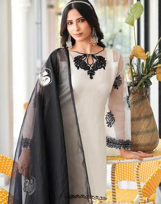 Cream embroidered organza stitched straight cut kurta farshi salwar dupatta readymade suits 5