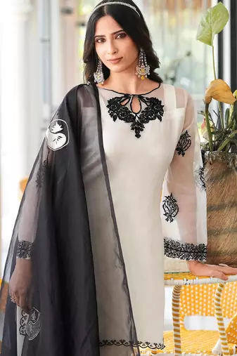Cream embroidered organza stitched straight cut kurta farshi salwar dupatta readymade suits