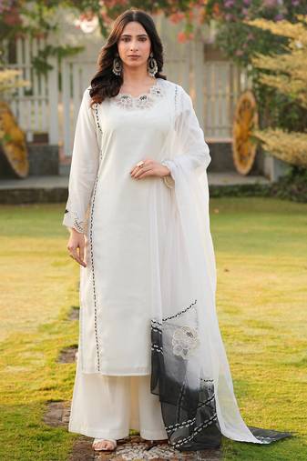 Cream embroidered art silk stitched straight cut kurta palazzo dupatta readymade suits
