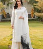 Cream embroidered art silk stitched straight cut kurta palazzo dupatta readymade suits