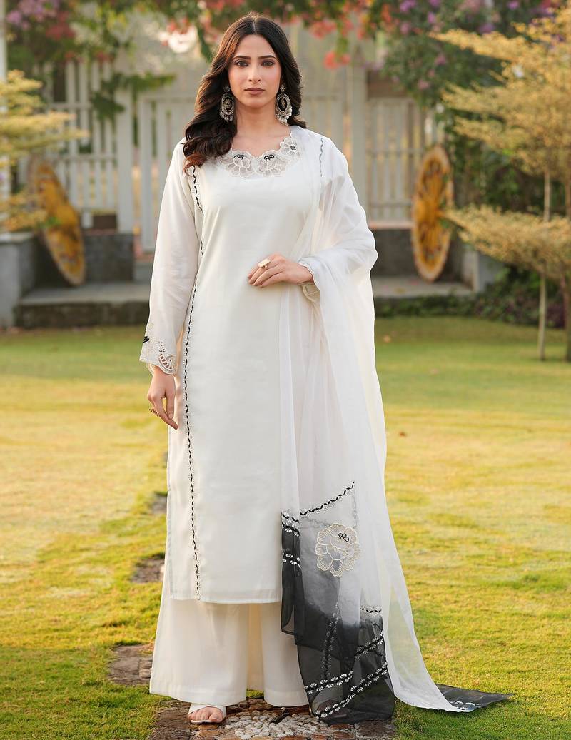 Cream embroidered art silk stitched straight cut kurta palazzo dupatta readymade suits