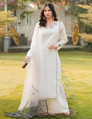 Cream embroidered art silk stitched straight cut kurta palazzo dupatta readymade suits 3