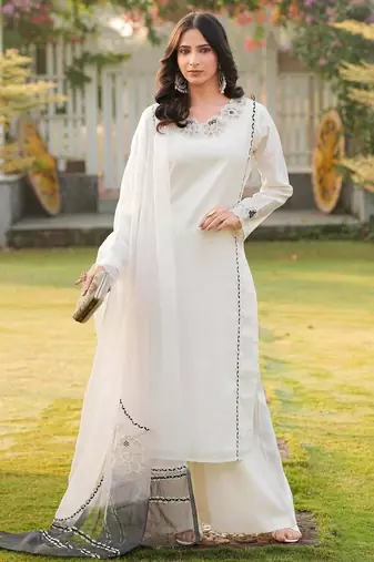 Cream embroidered art silk stitched straight cut kurta palazzo dupatta readymade suits