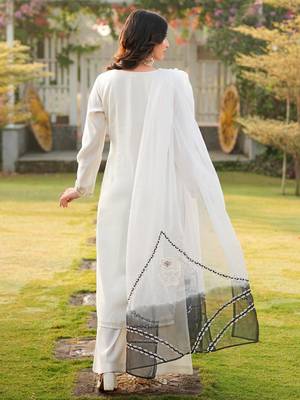 Cream embroidered art silk stitched straight cut kurta palazzo dupatta readymade suits 4