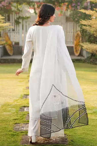 Cream embroidered art silk stitched straight cut kurta palazzo dupatta readymade suits