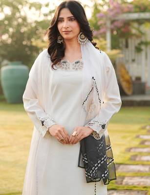 Cream embroidered art silk stitched straight cut kurta palazzo dupatta readymade suits 5