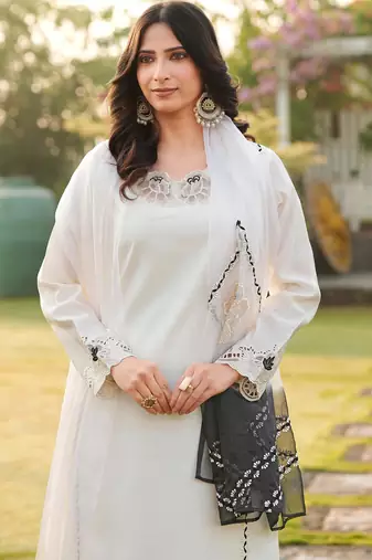 Cream embroidered art silk stitched straight cut kurta palazzo dupatta readymade suits