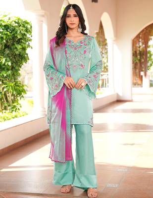 Light-green hand embroidery modal satin stitched straight cut kurta farshi salwar dupatta readymade suits 1