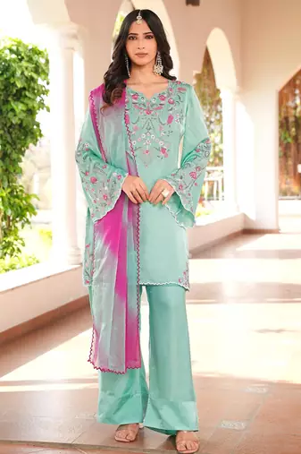 Light-green hand embroidery modal satin stitched straight cut kurta farshi salwar dupatta readymade suits