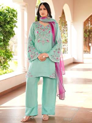 Light-green hand embroidery modal satin stitched straight cut kurta farshi salwar dupatta readymade suits 3
