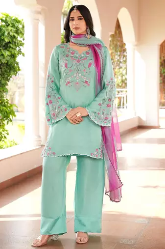 Light-green hand embroidery modal satin stitched straight cut kurta farshi salwar dupatta readymade suits
