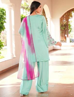 Light-green hand embroidery modal satin stitched straight cut kurta farshi salwar dupatta readymade suits 4