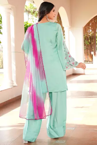 Light-green hand embroidery modal satin stitched straight cut kurta farshi salwar dupatta readymade suits