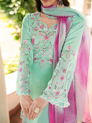 Light-green hand embroidery modal satin stitched straight cut kurta farshi salwar dupatta readymade suits 5