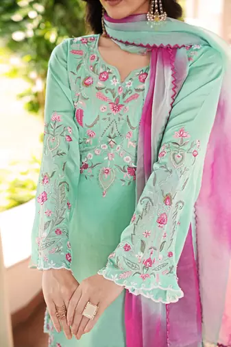Light-green hand embroidery modal satin stitched straight cut kurta farshi salwar dupatta readymade suits