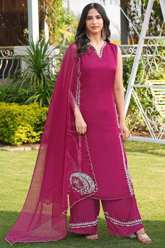 Pink hand embroidery modal satin stitched straight cut kurta culottes dupatta readymade suits