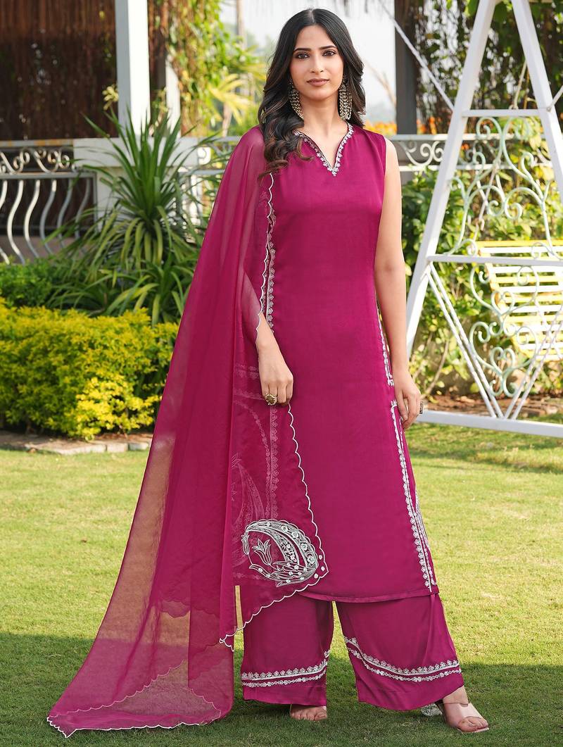 Pink hand embroidery modal satin stitched straight cut kurta culottes dupatta readymade suits