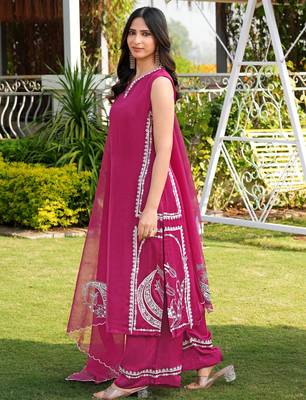 Pink hand embroidery modal satin stitched straight cut kurta culottes dupatta readymade suits 3