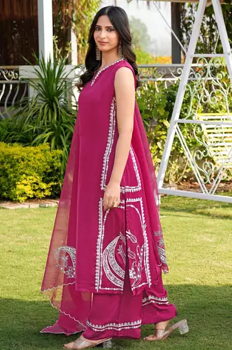 Pink hand embroidery modal satin stitched straight cut kurta culottes dupatta readymade suits
