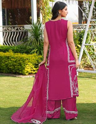 Pink hand embroidery modal satin stitched straight cut kurta culottes dupatta readymade suits 4