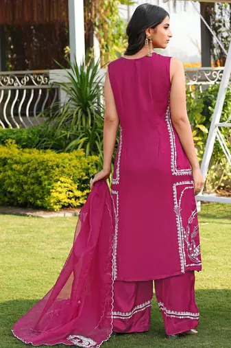 Pink hand embroidery modal satin stitched straight cut kurta culottes dupatta readymade suits