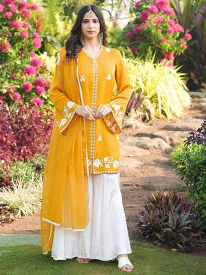 Yellow hand embroidery modal satin stitched straight cut kurta kalidar palazzo dupatta readymade suits 1