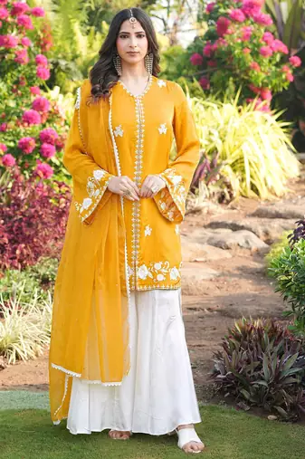 Yellow hand embroidery modal satin stitched straight cut kurta kalidar palazzo dupatta readymade suits