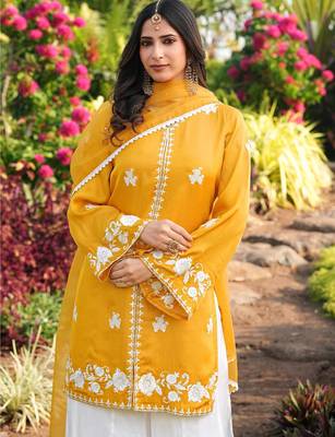 Yellow hand embroidery modal satin stitched straight cut kurta kalidar palazzo dupatta readymade suits 3