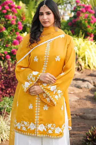 Yellow hand embroidery modal satin stitched straight cut kurta kalidar palazzo dupatta readymade suits