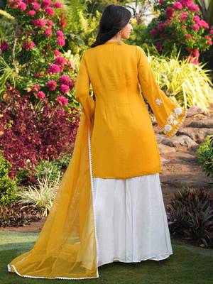 Yellow hand embroidery modal satin stitched straight cut kurta kalidar palazzo dupatta readymade suits 4