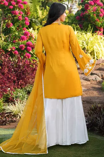 Yellow hand embroidery modal satin stitched straight cut kurta kalidar palazzo dupatta readymade suits
