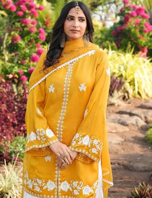 Yellow hand embroidery modal satin stitched straight cut kurta kalidar palazzo dupatta readymade suits 5