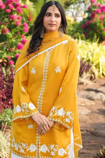 Yellow hand embroidery modal satin stitched straight cut kurta kalidar palazzo dupatta readymade suits