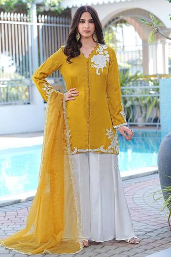 Dark-yellow hand embroidery modal satin stitched straight cut kurta kalidar palazzo dupatta readymade suits