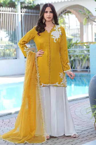 Dark-yellow hand embroidery modal satin stitched straight cut kurta kalidar palazzo dupatta readymade suits