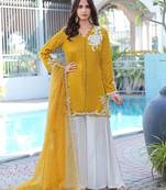 Dark-yellow hand embroidery modal satin stitched straight cut kurta kalidar palazzo dupatta readymade suits
