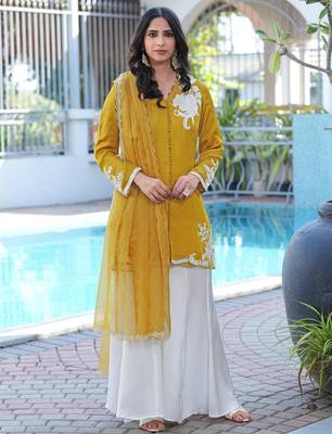 Dark-yellow hand embroidery modal satin stitched straight cut kurta kalidar palazzo dupatta readymade suits 3