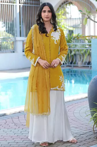 Dark-yellow hand embroidery modal satin stitched straight cut kurta kalidar palazzo dupatta readymade suits