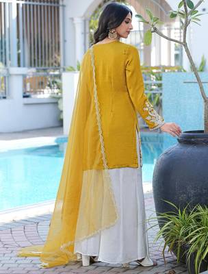 Dark-yellow hand embroidery modal satin stitched straight cut kurta kalidar palazzo dupatta readymade suits 4