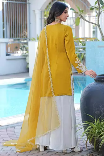 Dark-yellow hand embroidery modal satin stitched straight cut kurta kalidar palazzo dupatta readymade suits