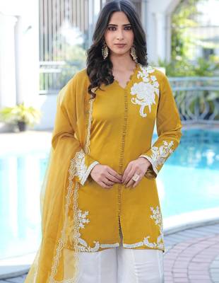 Dark-yellow hand embroidery modal satin stitched straight cut kurta kalidar palazzo dupatta readymade suits 5