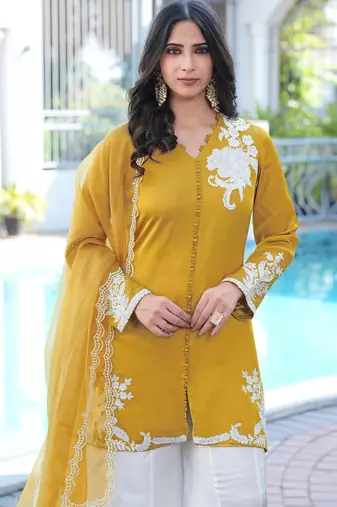 Dark-yellow hand embroidery modal satin stitched straight cut kurta kalidar palazzo dupatta readymade suits