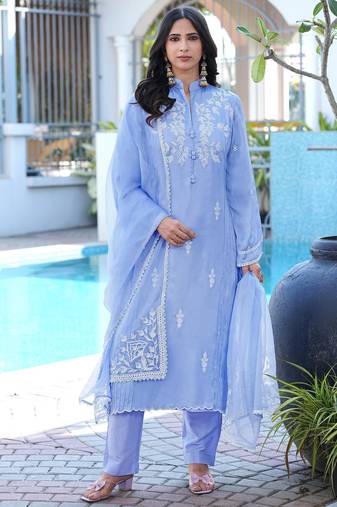Light-purple embroidered modal satin stitched straight cut kurta pants dupatta readymade suits