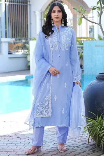 Light-purple embroidered modal satin stitched straight cut kurta pants dupatta readymade suits